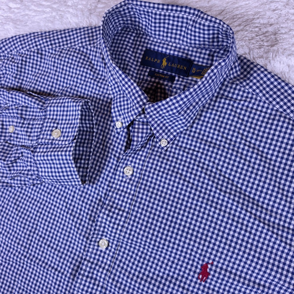 Ralph Lauren Custom Fit Mens XL Blue White Gingham L/S Button Up Shirt